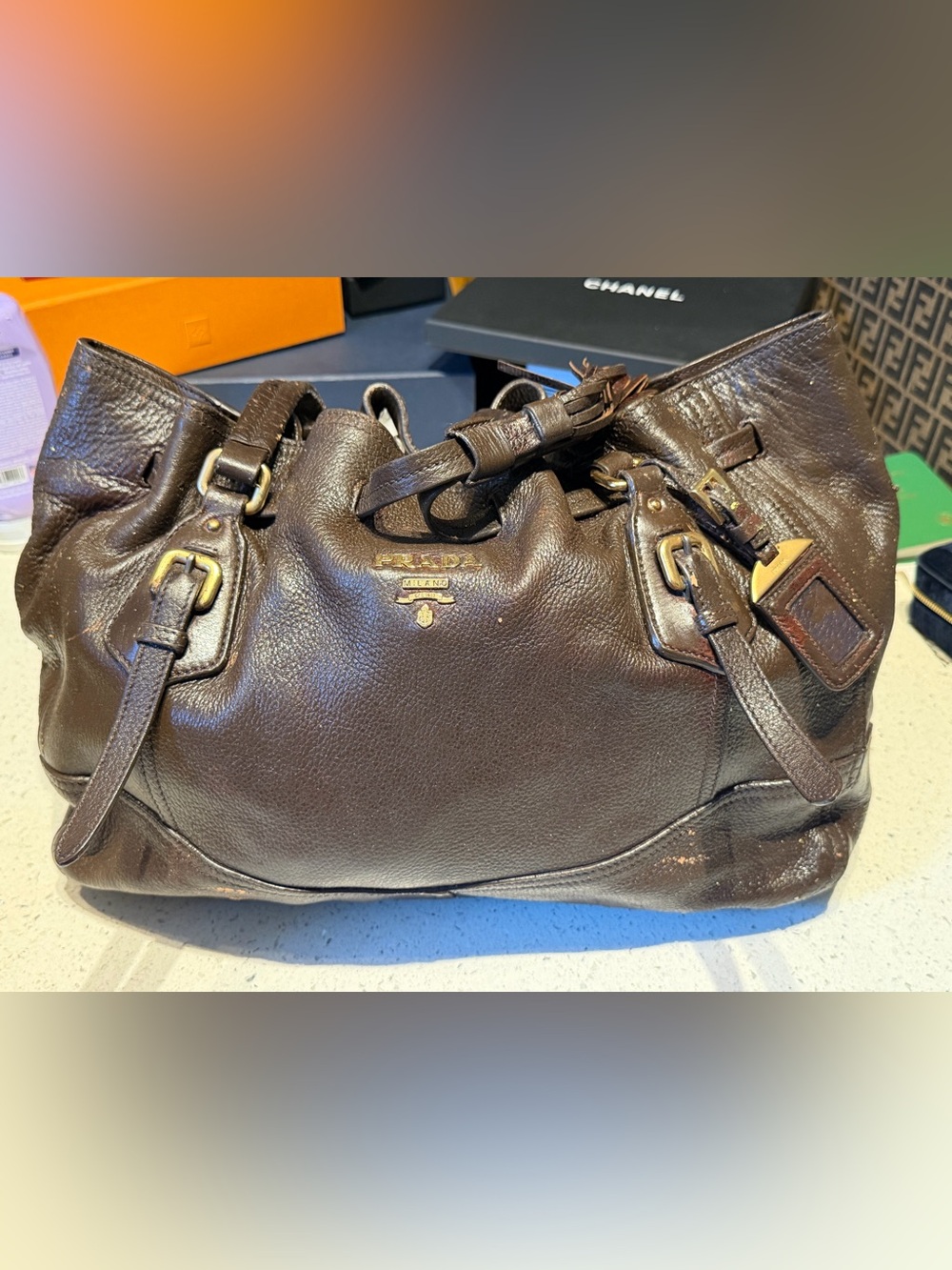Prada Brown Pebbled Leather Shoulder Bag with Gold Hardware